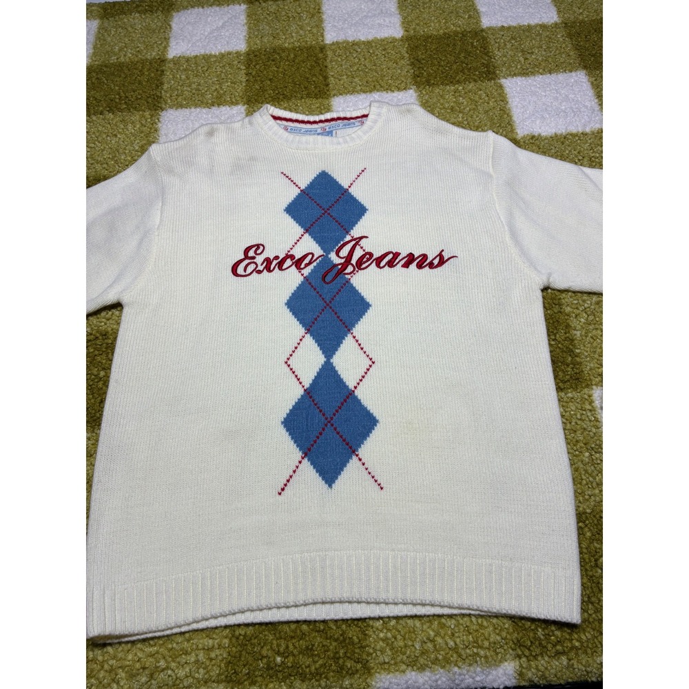 Vintage Exco Jeans Argyle Knit Sweater Off White Blue Red XL 280503 Streetwear - Picture 2 of 9